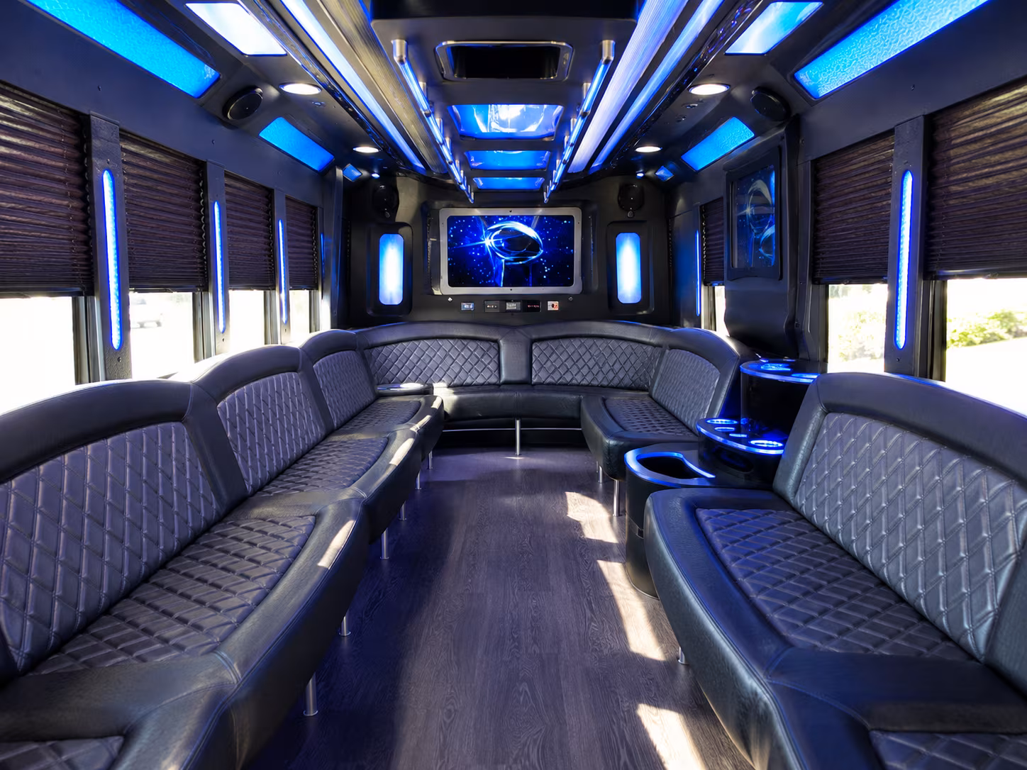 Interior of a party bus rental serving West Palm Beach